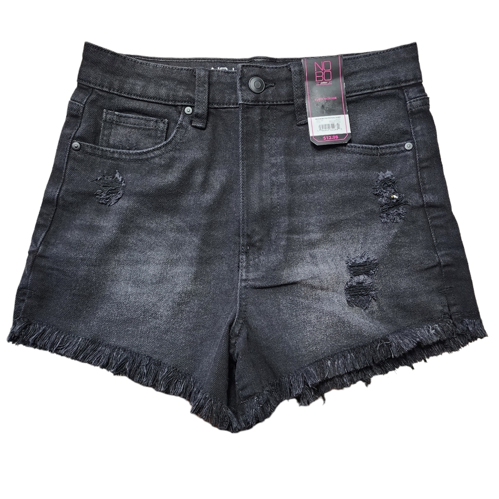Women's No Boundaries Hi Waist Black Distressed Jean Shorts Sz 7 NWT